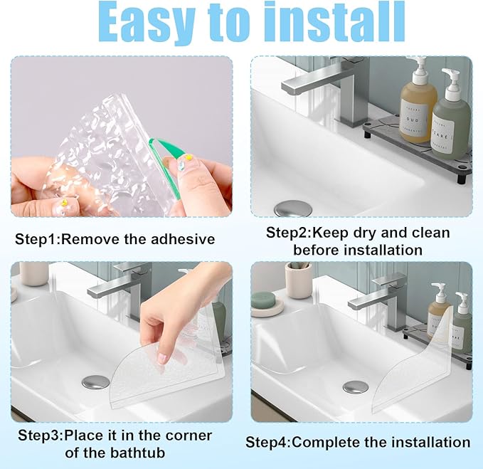 2 Pack Splash Guard for Bathtub,Acrylic Self-Adhesive Shower Corner Water Guard,Silicone Bathroom Shower Splash Guards to Keep Water in Bath,Easy to Install