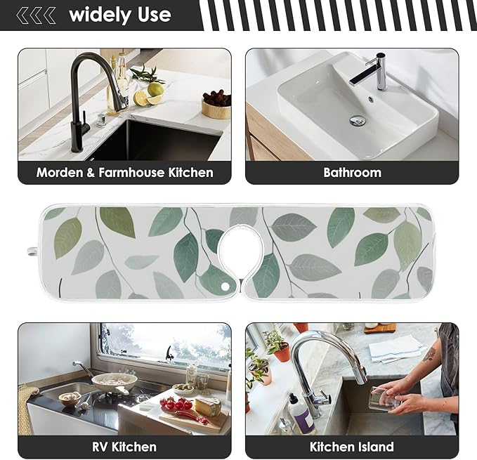 2 PCS Kitchen Sink Splash Guard 30 Inch Faucet Mat for Kitchen Sink Bathroom Sink Faucet Absorbing Drip Drain Mat Pad Microfiber Soft Washable Green and Grey Leaves