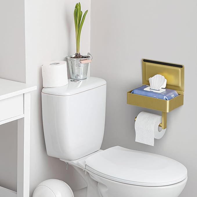 Brushed Gold Toilet Paper Holder Wall Mounted with Shelf & Wipes Storage – Stainless Steel SUS304 Modern Toilet Tissue Roll Holder for Bathroom, Kitchen – Adhesive and Screw Installation