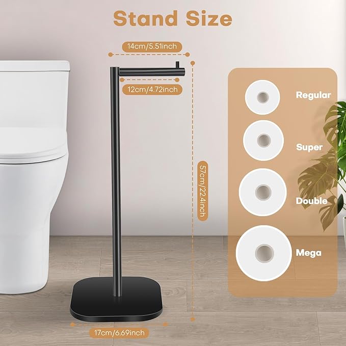 Toilet Paper Holder Stand Freestanding, Matte Black Toilet Paper Stand for Bathroom, Stainless Steel Toilet Paper Roll Holder with Storage,Tissue Holder,Non-Slip,Rust Proof