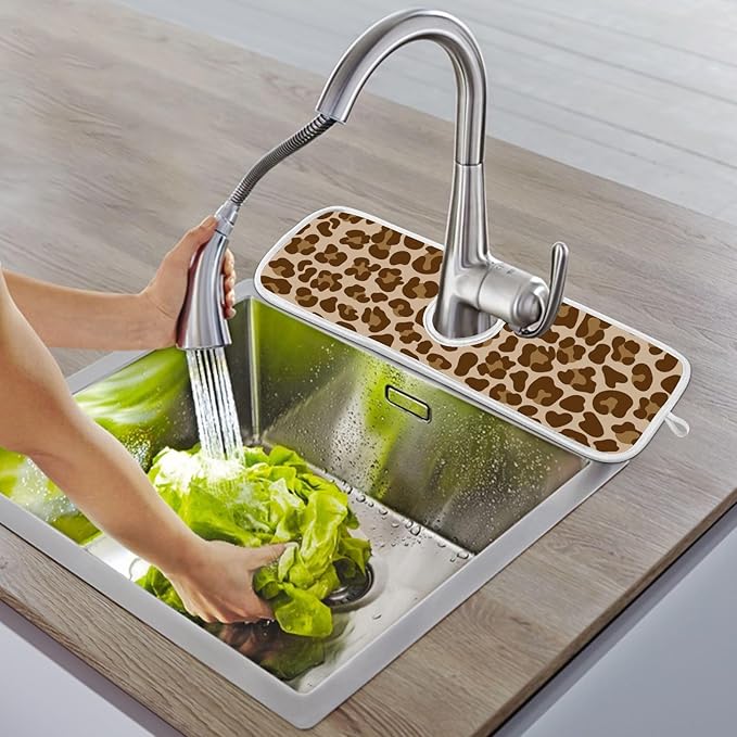 2 PCS Kitchen Sink Splash Guard 14.9 Inch Faucet Mat for Kitchen Sink Bathroom Sink Faucet Absorbing Drip Drain Mat Pad Microfiber Soft Washable Brown Leopard Print