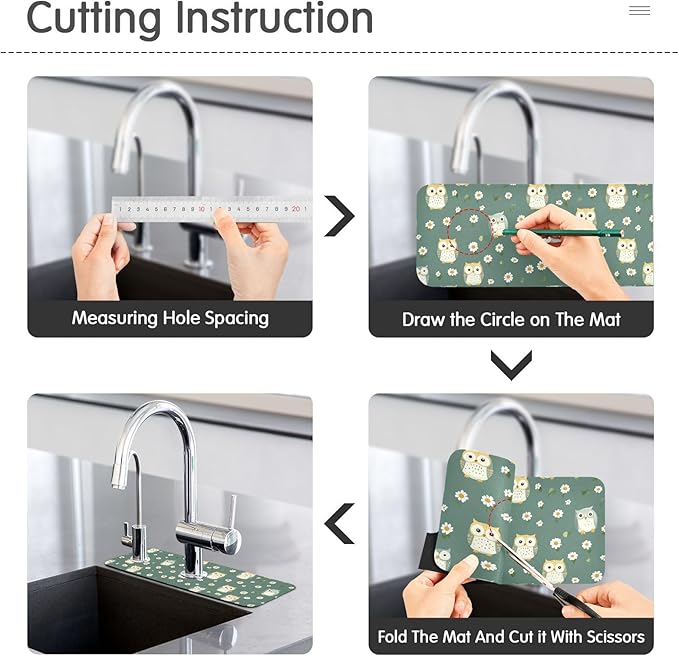 Kitchen Sink Splash Guard 1 PC 30 Inch Sink Faucet Mat Splash Guard for Bathroom Countertop Water Absorbent Foldable Cuttable Soft Washable White Daisy Flower Owls