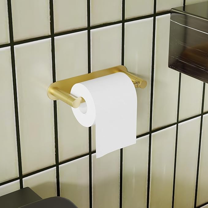 Adhesive Toilet Paper Holder Gold Double Post Pivoting Bathroom Toilet Tissue Holder Roll Holder Stick On No Drilling Stainless Steel and Zinc Alloy
