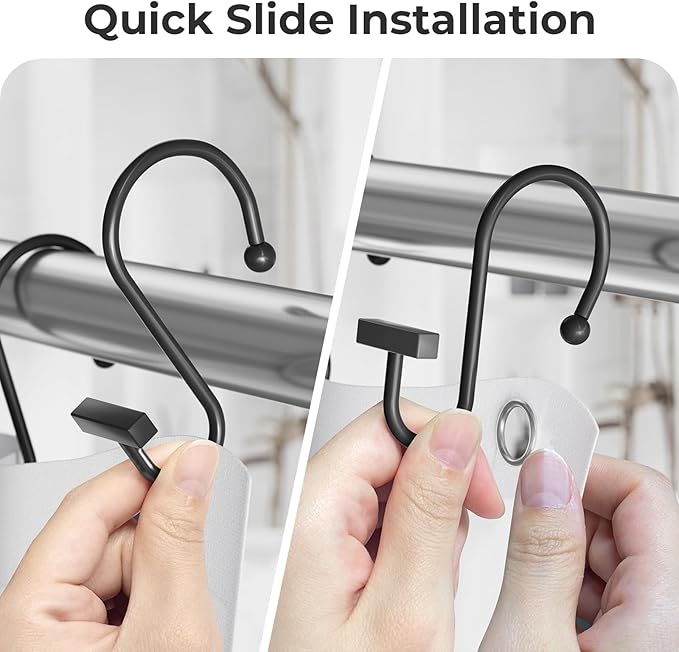 Shower Curtain Hooks, Black Shower Curtain Rings Rust Proof, 12PCS Shower Hooks for Shower Curtain, T-Bar Design Convenient Elegant Shower Curtain Hangers for Bathroom Kitchen Wardrobe
