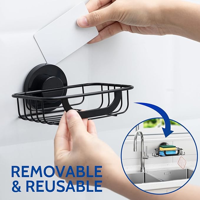 Soap Dish Bar Soap Holder Suction Cup with 4 Hooks, Stainless Steel Soap Saver Tray for Shower Wall, Bathroom, Kitchen, Rustproof Drill-Free Soap Bar Holder, Black