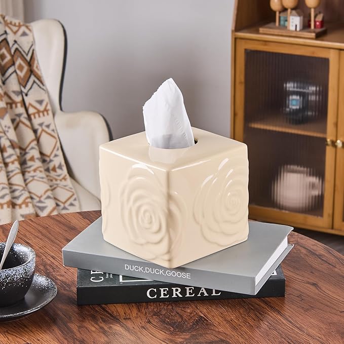 Beige Ceramic Cube Tissue Box Cover with Rose – Large Elegant Rose Floral Square Decorative Tissue Box Holder for Bathroom, Bedroom, Office Desk, Kitchen Counter – Perfect Housewarming Gift