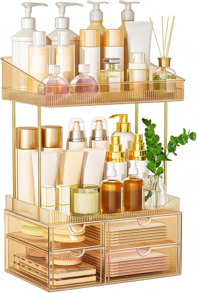 SNSLXH 4 Drawers Makeup Organizer - 4 Tier Makeup Storage, Cosmetics Organiser, Ideal for Cosmetic, 4 Dividers with Drawers for Countertop, Bathroom, Office Supplies, Dresser Transparent Tawny