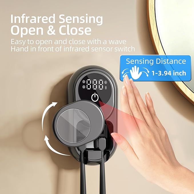 Black UV Toothbrush Sanitizer Holder - 2 Slots Auto-Sensor Wall-Mount with LED Smart Screen, Heated Fan Drying, Rechargeable for Bathroom
