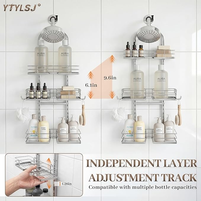 Aluminum Alloy Hanging Shower Caddy for Handheld Shower Heads, 3-Tier Adjustable Shower Rack, Rustproof Hose Hanging Shower Organizer with 2 S-Hooks, Silver