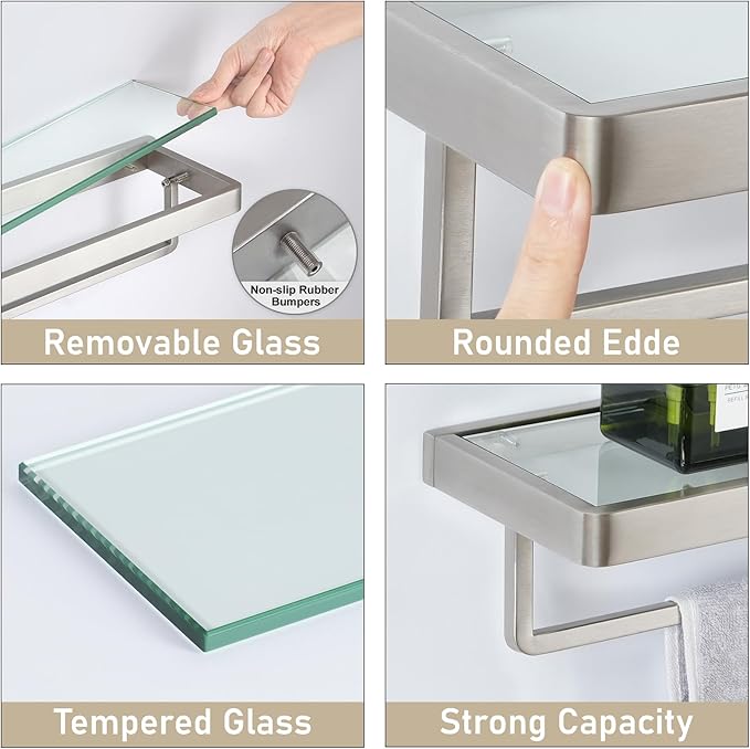 Glass Floating Shelves for Wall, Brushed Nickel 20 Inch Tempered Glass Rectangular 1 Tier Organizer Shelf for Bathroom