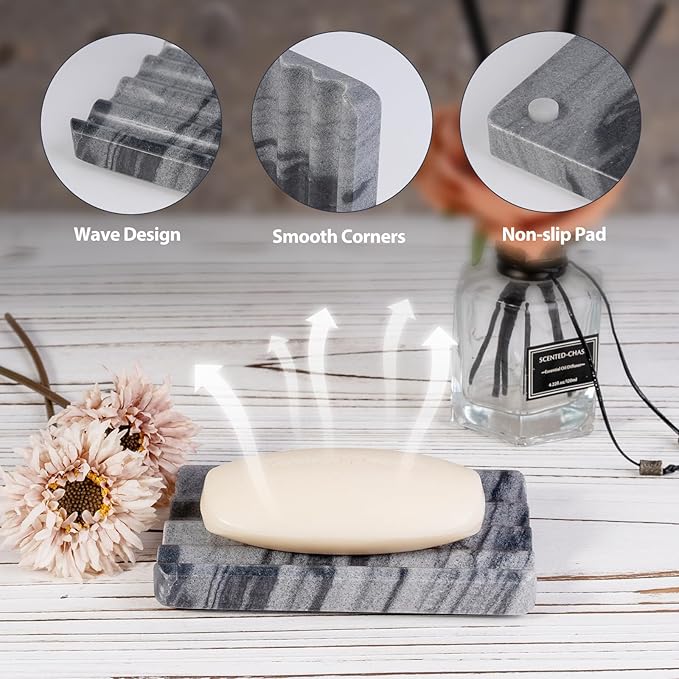 2 Pcs Soap Holder for Bathroom, Marble Soap Dish for Kitchen Countertop, Tray with Creative Wavy Design, Soap Saver for Bath Tub, Sponges, Italian Natural Stone(Monte Grigio)