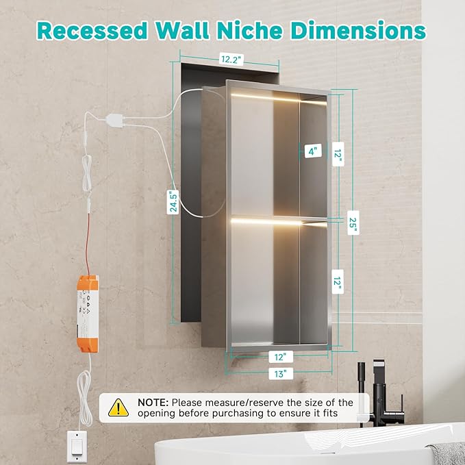 Stainless Steel LED Lights Shower Niche 12"x24" - No Tile Needed Double Shelves Recessed Wall Niche for Bathroom Storage, Brushed