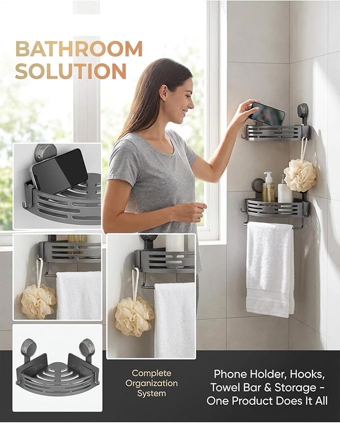 Suction Cup Corner Shower Shelf,No-Drill Bathroom Corner Shelf,Aluminum Wall Mounted Storage Rack Bathtub Shelf,For Bathroom Kitchen