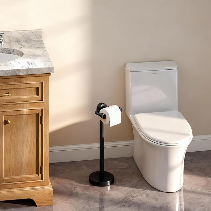 YUMORE Freestanding Toilet Paper Holder，Matte Black/Floor Standing Weighted Base Toilet Paper Holder Stand