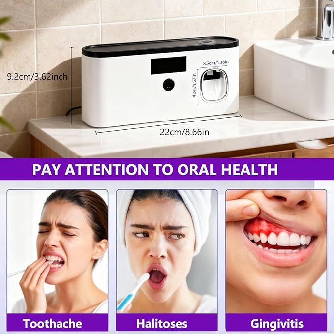 Toothbrush Sterilizer Holder Wall Mounted, USB Rechargeable Automatic Toothpaste Dispenser with 5 Brush Slots, Bathroom Organizer for Families (White)