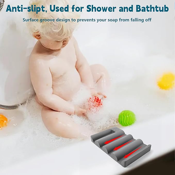 Silicone Soap Dish,Self Draining Soap Holder Perfect for Shower,Bathroom Sink,Kitchen Sink & Travel,Non-Slip Bar Soap Holder Extend Soap Life,Keep Soap Bars Dry Clean (Grey-1Pcs)