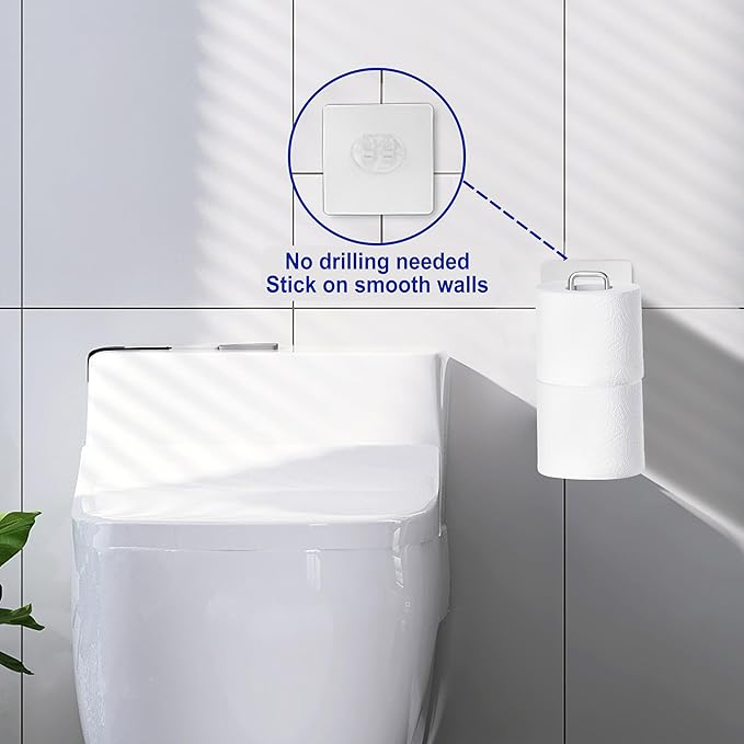 Bathroom Toilet Paper Holder with Storage Extra 2 Rolls, Over The Tank Toilet Paper Holder Wall Mount, Small Restroom Organizer, Adhesive RV Tissue Storage, Stainless Steel, Silver, 1PC