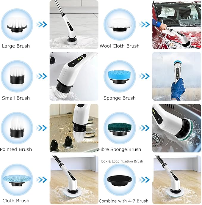 Electric Spin Scrubber, Cordless Telescopic Rechargeable Cleaning Brush, 8 Replaceable Heads, 2 Speed Adjustable for Bathroom & Floor