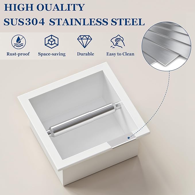 Toilet Paper Holder, SUS 304 Stainless Steel Recessed Toilet Paper Holder Built-in, in Wall Toilet Paper Wall Holder for Bathroom, Matte White