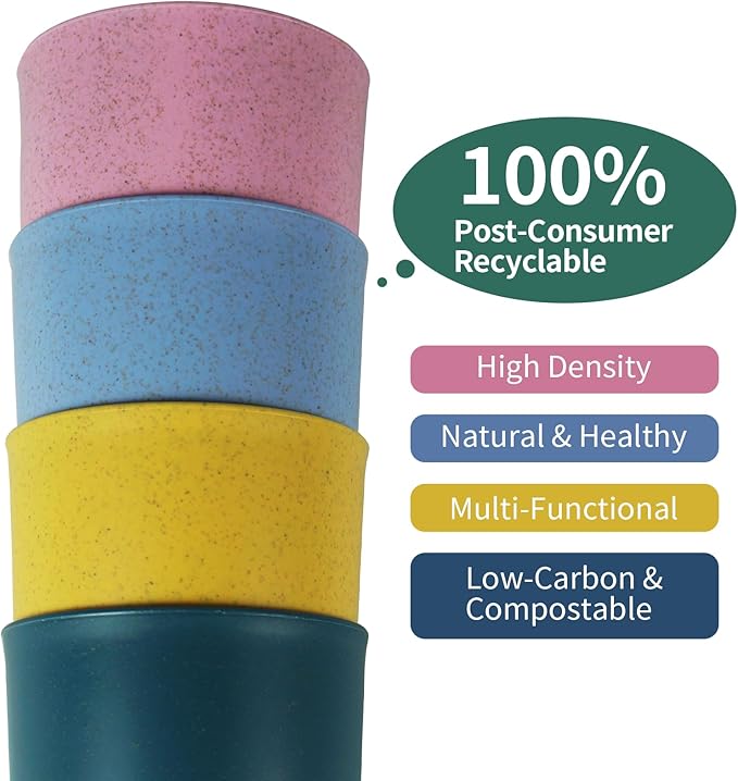 12oz Wheat Straw Cups, 6-Pack - Thickened Reusable & Microwave Safe, Dishwasher Friendly Eco-Cups for Home & Kitchen