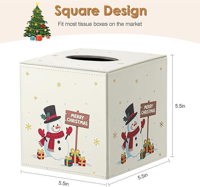 Luxspire Christmas Tissue Box Cover, 5.51" Square Tissue Box Cover with Magnetic Closure, Tissue Box Holder Christmas Decor for Living Room Bedroom Countertop Cars Hotels, Christmas Snowman