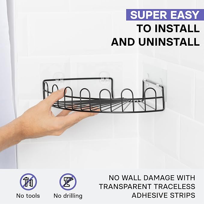 KINCMAX Corner Shower Caddy, Rustproof SUS304 Stainless Steel, Adhesive Wall Mount Double Baskets 2-pack (Matte Black)