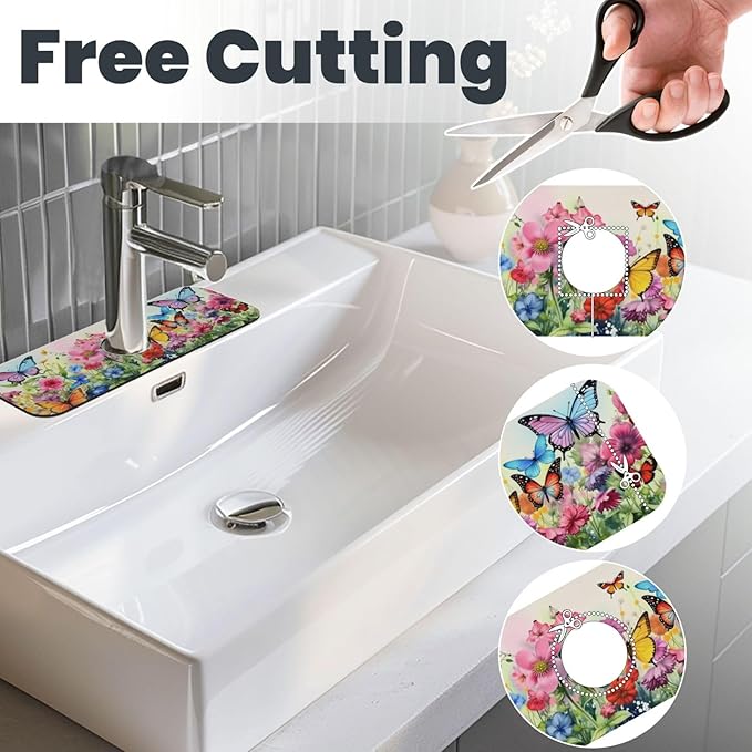 Butterfly Floral Garden 15" X 5.5" Kitchen Sink Splash Guard, Faucet Guard Draining Mat, Faucet Suction Pad For Kitchen Bathroom
