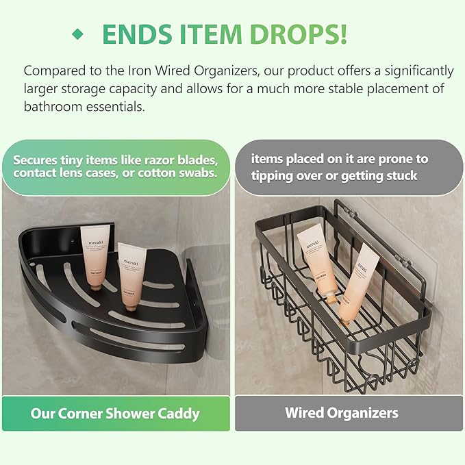 Adhesive Shower Corner Caddy，2-Pack Heavy Duty Shower Corner Shelves Rack with 8 Hooks and 1 Towel Bar，Rustproof Bathroom Organizer No Drilling Wall Mounted
