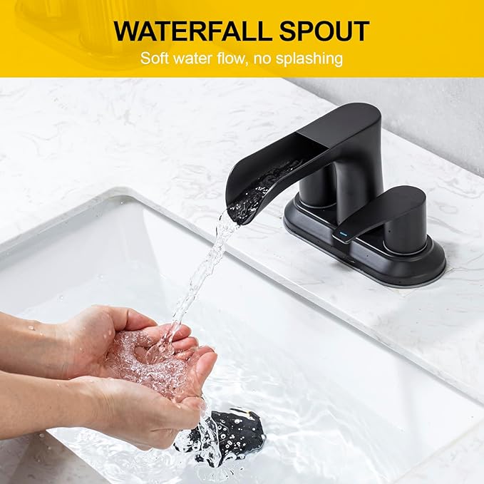 4 Inch Waterfall Bathroom Sink Faucet Centerest Bathroom Faucet Dual Handle Vanity Faucets 2 Hole or 3 Hole Waterfall Basin Mixer Tap with Pop Up Drain, Matte Black