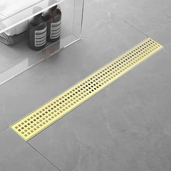 32 Inch Linear Shower Drain Bathroom Kitchen Golden Floor Drain Removable Capsule Pattern Cover Accessories Shower Drain 304 Stainless Steel Drain with Hair Strainer Adjustable Leveling Feet