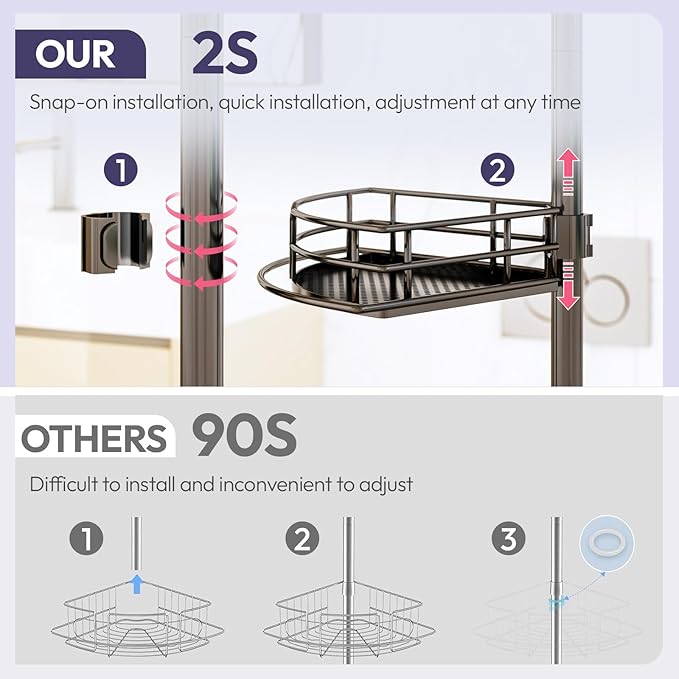SWTYMIKI Shower Caddy Tension Pole - 4-Tier Corner Shower Organizer Tension Rod, Toothbrush Holder & 4 Hooks, Adjustable Stainless Steel Bathroom Organizer 27.6 to 108.3 inch, Black with Towel Bar