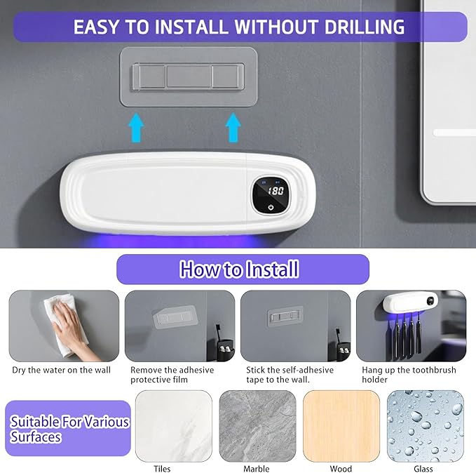 Wall Mounted Toothbrush Holders for Bathrooms, 4 Slots UV Toothbrush Sanitizer and Holder with Air Drying 3000mAh Rechargeable Cordless UV Toothbrush Cleaner with Timer Function & No Drilling (White)