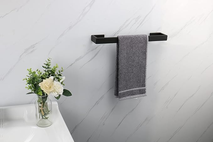TocTen Bath Towel Rack - Square Base Thicken SUS304 Stainless Steel Bar for Bathroom, Bathroom Accessories Rod Heavy Duty Wall Mounted Holder (Matte Black, 16 Inch)