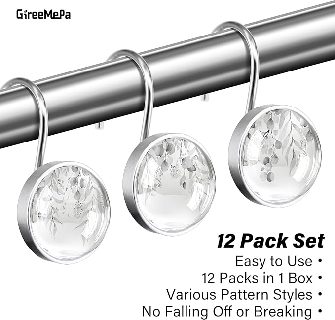 12 Pcs Round Grey Eucalyptus Decorative Shower Curtain Hooks - Rust Proof Glass Surface Stainless Steel Rings for Farmhouse Bathroom