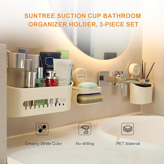 suntree Shower Caddy with Strong Suction Cups, No Drill Bathroom Shelf Organizer, Removable Soap Holder & Toothbrush Holder, Waterproof Storage with Drainage Design, Cream White