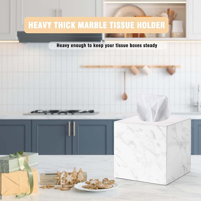 Natural Marble Tissue Box Holder Cover, Square Cube Tissue Box Holder with Open Bottom for Bathroom Vanity Tops, Bedroom Dressers, Kitchen Countertop, White Tissue Box(NS021)