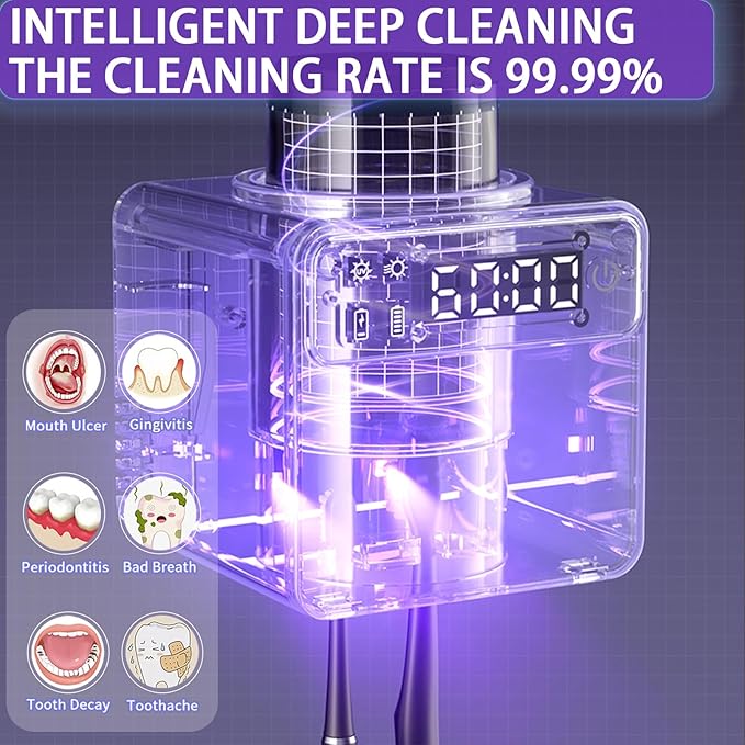 Smart Electric Toothbrush Holder with Cleaning and Hot Air Drying,LED Screen,Toothbrush Holders for Bathrooms,Wall Mounted Toothbrush Holder with 2 Toothbrush Slots for Home, Travel (White)