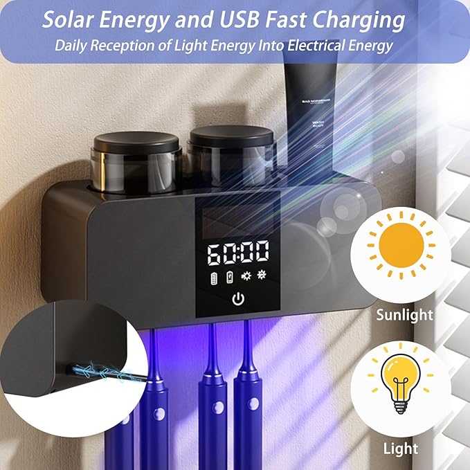 Toothbrush Holders for Bathrooms,LED Smart Screen Bathroom Accessories,Cleaning and Air Drying and Timer Function,Solar Rechargeable Cordless 2 Cups Electric Toothbrush Holder (Grey)