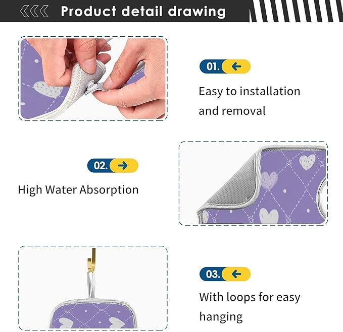 2 PCS Kitchen Sink Splash Guard 23.6 Inch Faucet Mat for Kitchen Sink Bathroom Sink Faucet Absorbing Drip Drain Mat Pad Microfiber Soft Washable Valentine Purple Colorful Hearts