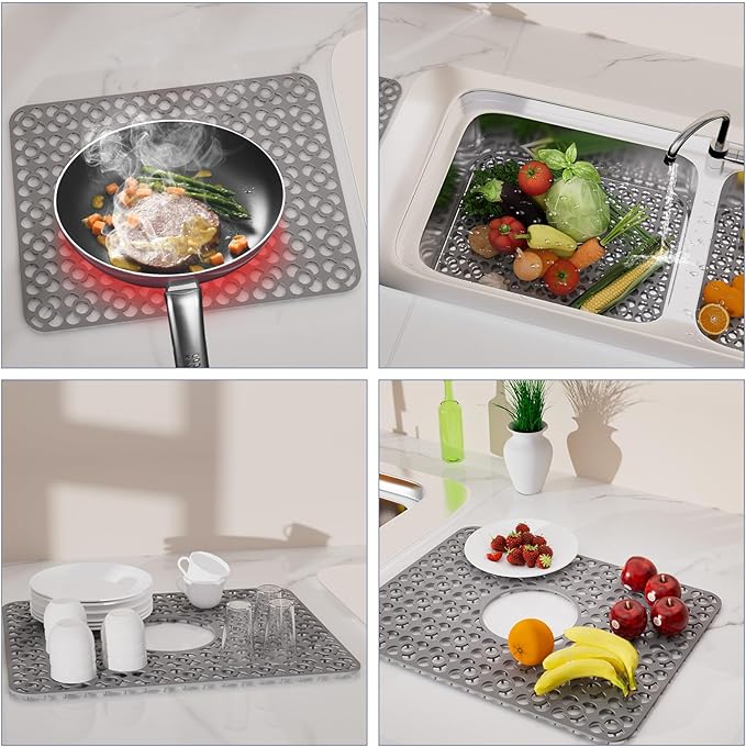 TOOVEM Kitchen Sink Mats, Sink Protectors for Kitchen Sink, 11.5 x 16.2 Inch Silicone Heat Resistant Non-Slip for Bottom of Kitchen Stainless Steel Sink Mats, Grey
