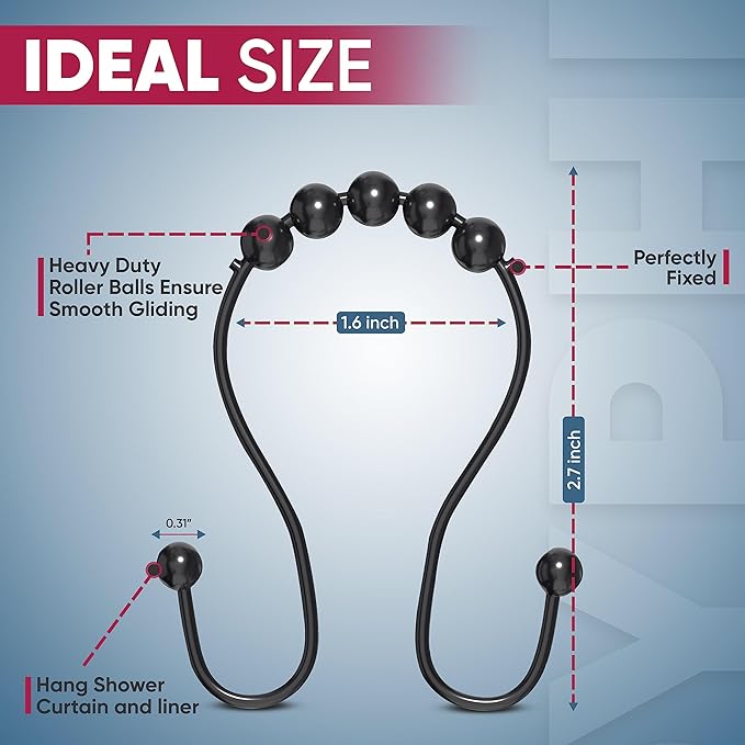 Shower Curtain Hooks Rust Proof (Set of 12) - Stainless Steel Shower Curtain Rings - Anti Slip Roller Balls for Easy Glide (Omega Double Hooks, Matte Black)
