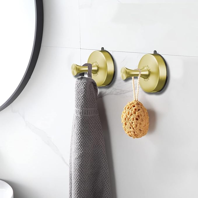 DGYB Suction Cup Hooks for Shower Set of 2 Removable Stainless Steel Towel Hook for Bathroom Glass Window Door Wall and Suction Wreath Hook for Hanging Robe, Loofah, Coat - Gold