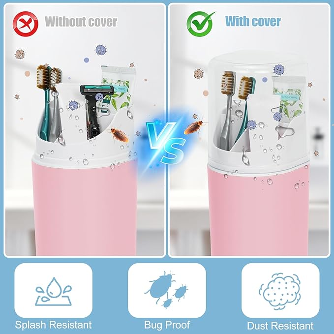 Tall Electric Toothbrush Holder with Cover, 10.6" Dust Proof Bathroom Caddy Fits Adults Electric Toothbrushes, Toothpaste, Wall Mount or Countertop Organizer with Removable Dividers, 4 Slots (Pink)