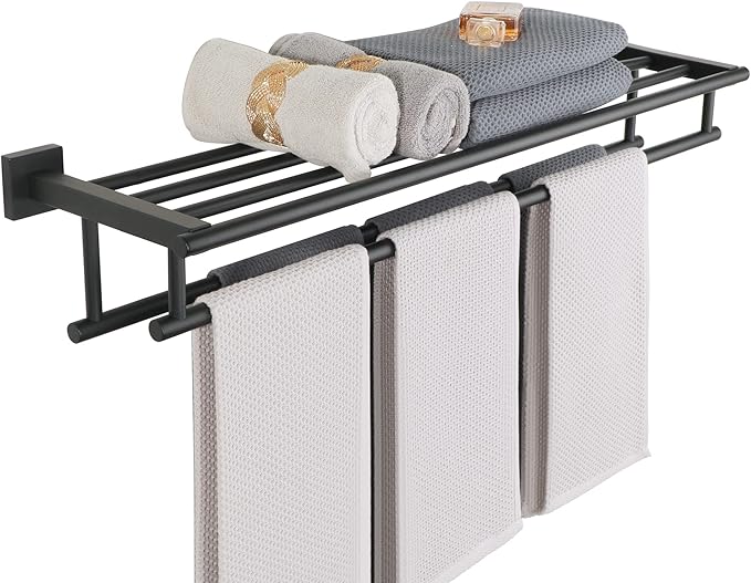 Alise Towel Rack for Bathroom Wall Mount,Double Towel Bars with Shelf,SUS304 Stainless Steel Towel Holder for Bathroom,Matte Black Towel Hanger for Bathroom,32 Inch