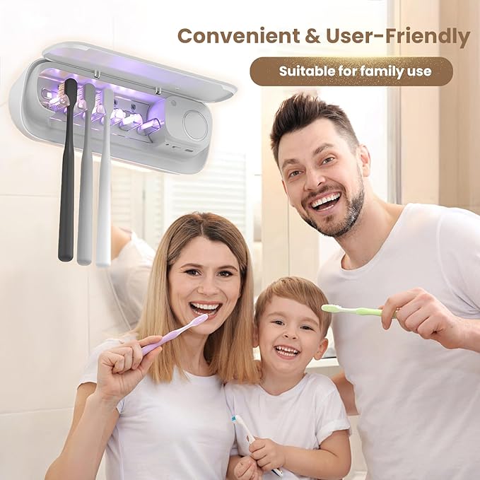 Smart Bathroom Toothbrush Holder, 5 Brush Slots Toothbrush Cleaner with Night Light & Fast Drying, Wall Mounted Rechargeable Toothbrush Organizer for Electric/Manual Toothbrushes (White)