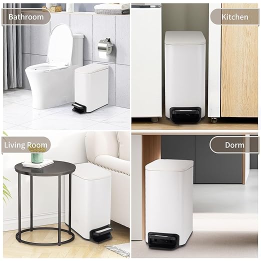 Slim Bathroom Trash Can with Soft Close Lid, Step Pedal, Removable Inner Bucket, Small Trash Can,6 Liter / 1.6 Gallon, Fingerprint-Resistant Small Garbage Bin for Bedroom, Office, Kitchen (White)