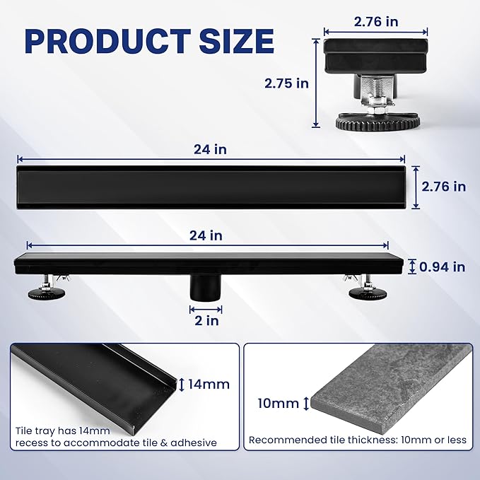 Linear Shower Drain 24 inch Matte Black with 2-in-1 Flat & Tile Insert Cover - 304 Stainless Steel Shower Floor Drain - Bathroom Drain with Reversible Cover & Hair Catcher - Includes Cleaning Tools