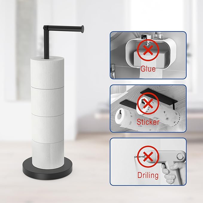 Free Standing Toilet Paper Holder Stand with Weighted Base, SUS304 180 Degree Rotatable Tissue Holder with Shelf, Can Extra Storage 4 Rolls, Black Bathroom Toilet Roll Holder