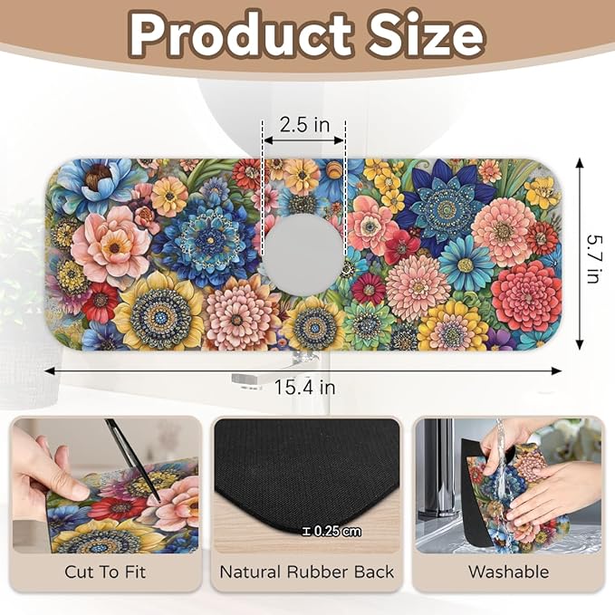 Kitchen Sink Splash Guard Faucet Mat Boho Flowers 1PC Super Absorbent Fast Drying Faucet Guard & Draining Mat Sink Splash Guard Behind Faucet Drip Catcher for Kitchen Bathroom RV (15.4" X 5.7" )