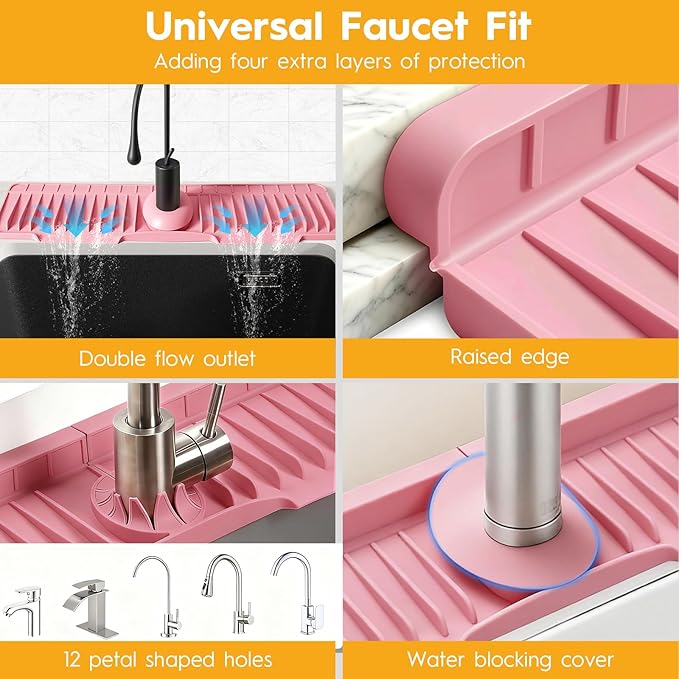 16" Silicone Faucet Mat for Kitchen Sink Released in 2026,8° Slope Fast Self-draining-Kitchen Sink Splash Guard,Bathroom Kitchen Sink Area Water Splash Guard Behind Faucet Draining Mat(Pink)